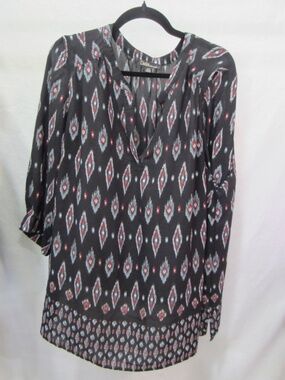 Dalia Women's Black Geometric Blouse 2X 3/4 Sleeve Polyester Lightweight